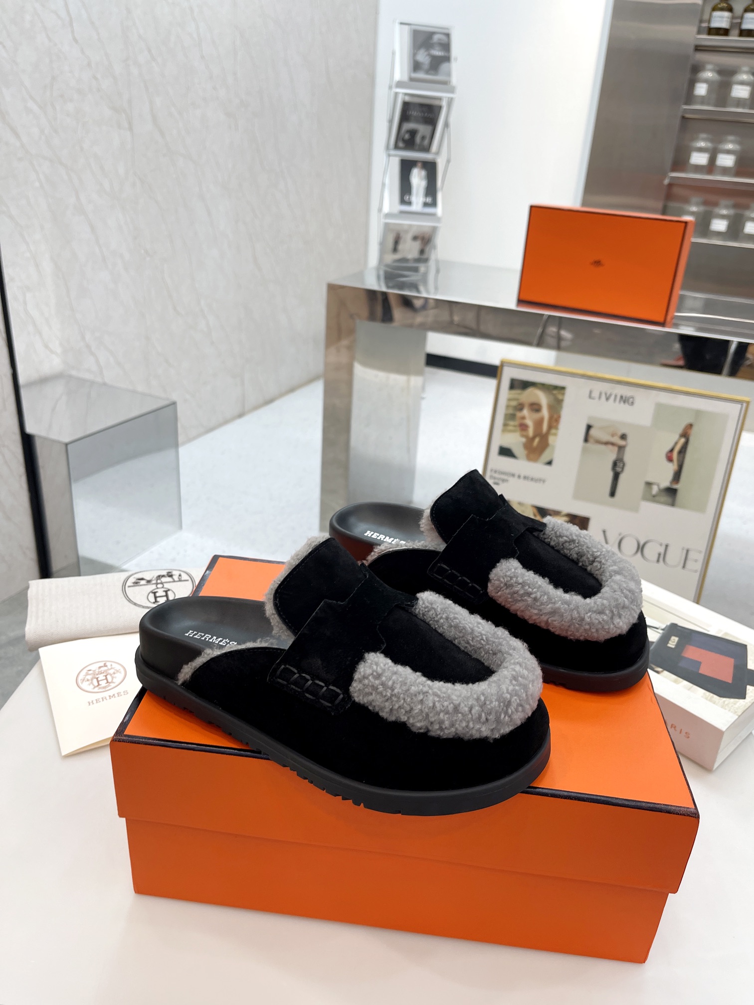 HERMES PLUSH HALF SLIPPERS