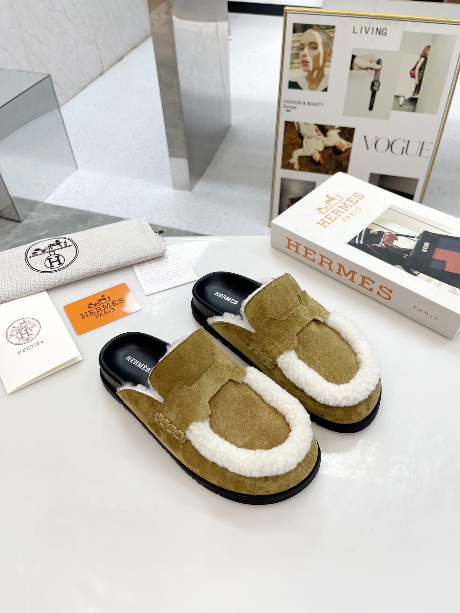 HERMES PLUSH HALF SLIPPERS