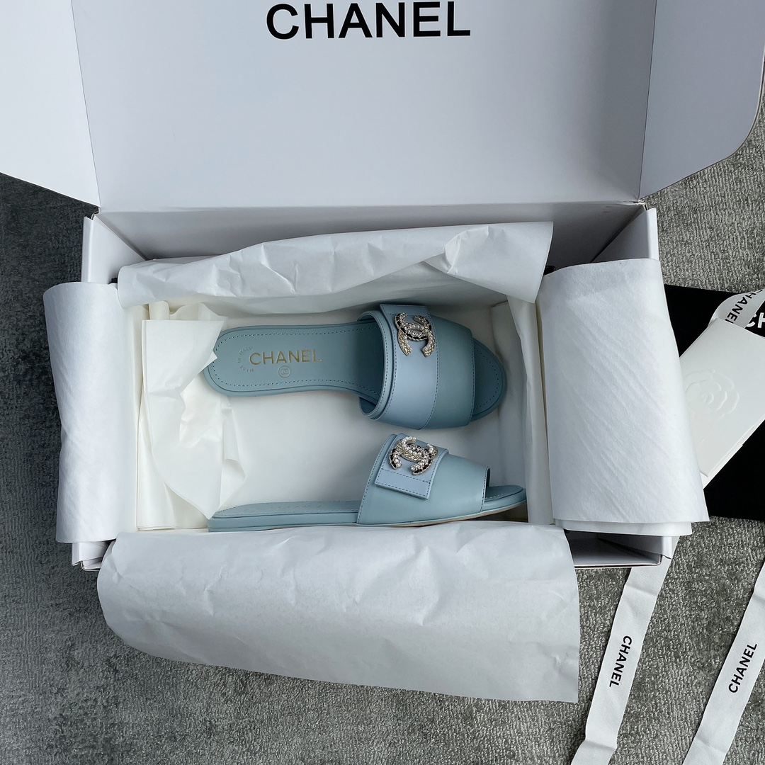 CHANEL CHANEL SLIPPERS PEARL LEATHER STRIPS AND SMALL DIAMOND COMBINATION IMPORTED A GRADE SHEEPSKIN