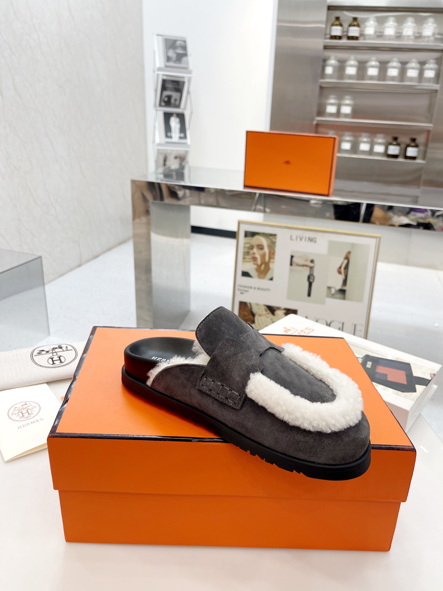 HERMES PLUSH HALF SLIPPERS