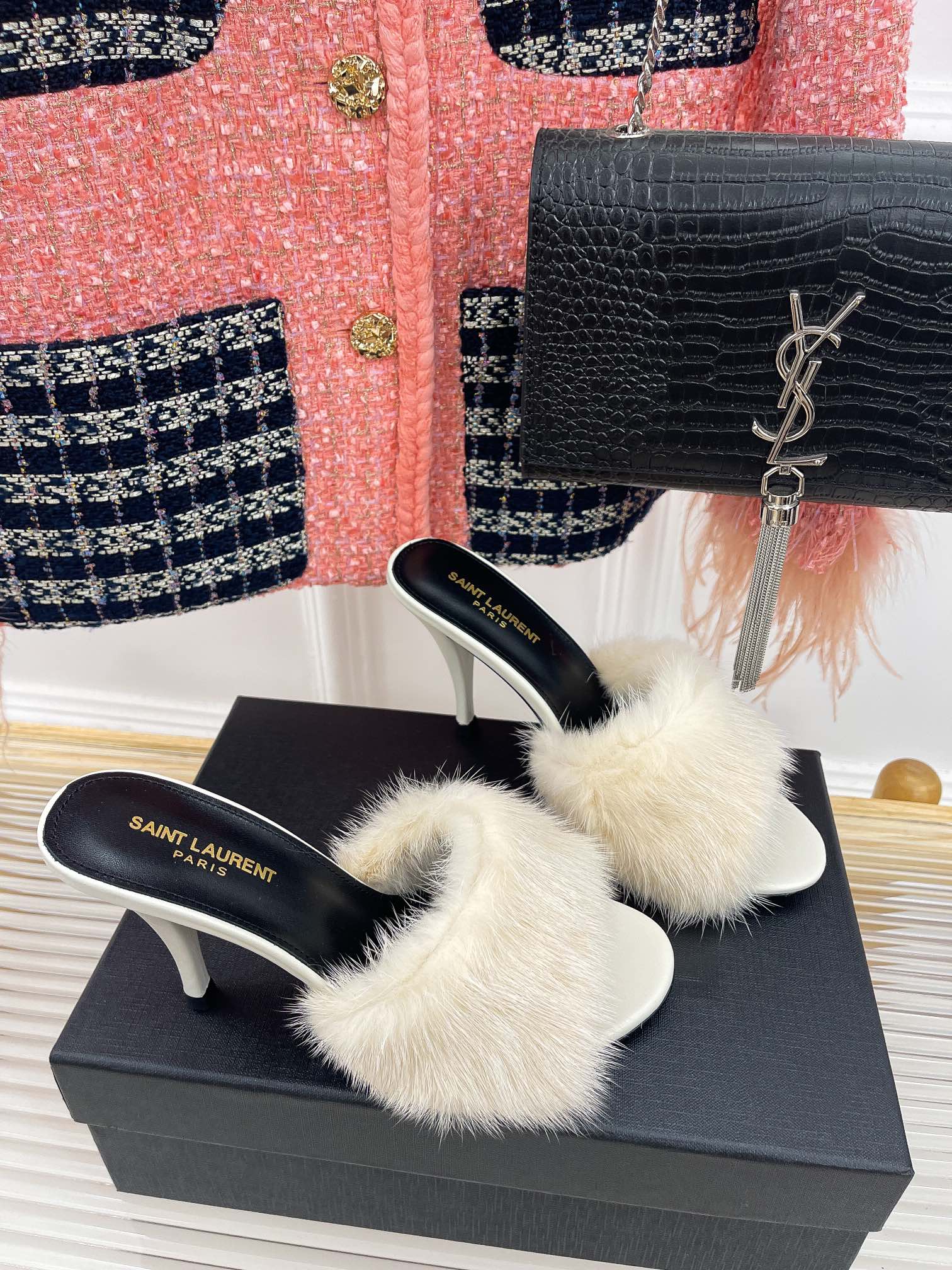 SAINT LAURENT | 2022/SS NEW YSL | 23SS EARLY SPRING MINK FUR ONE HIGH HEEL SLIPPERS