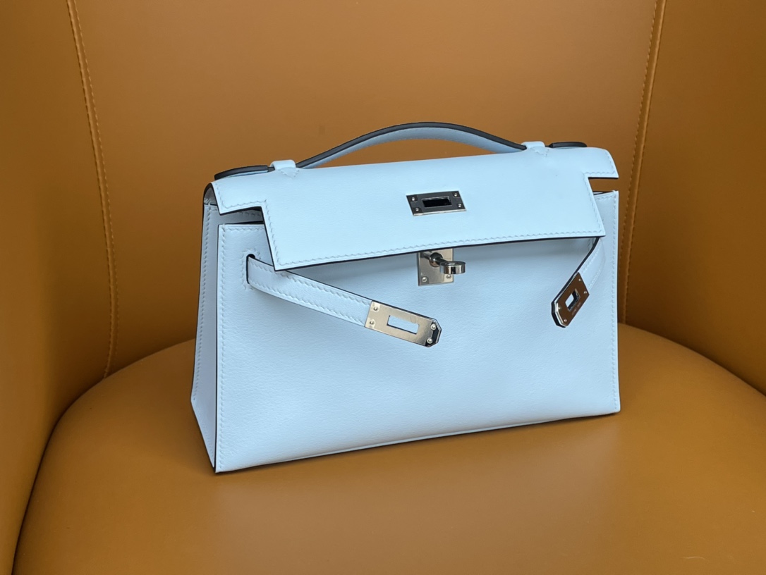 HERMES MINI KELLY GENERATION SWIFT T0 HAZE BLUE SILVER BUCKLE