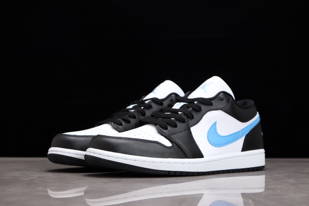 AIR JORDAN 1 LOW BLACK AND WHITE UNIVERSITY BLUE HOOK"