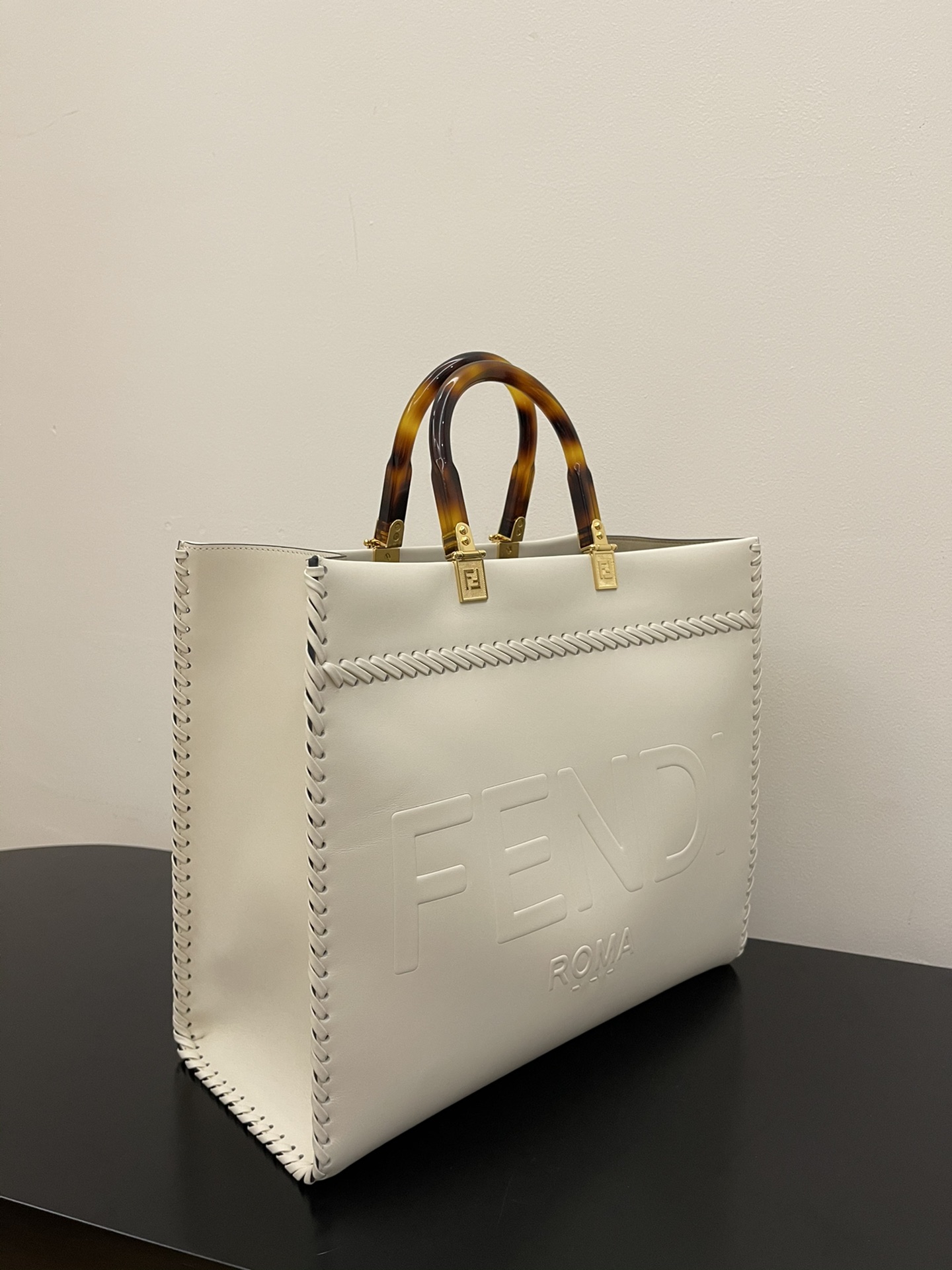 FENDI MEDIUM SIDE LEATHER WOVEN "SUNSHINE TOTE BAG"