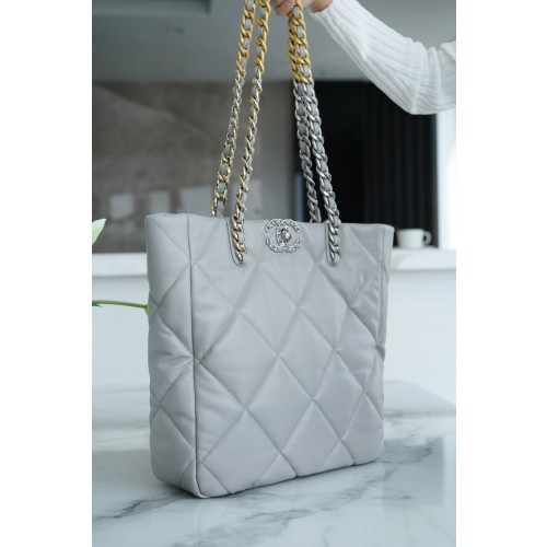 CHANEL 19 BAG TOTE ITALY LEVEL 1 [BOX] LAMBSKIN GENUINE LEATHER LIGHT GREY SILVER