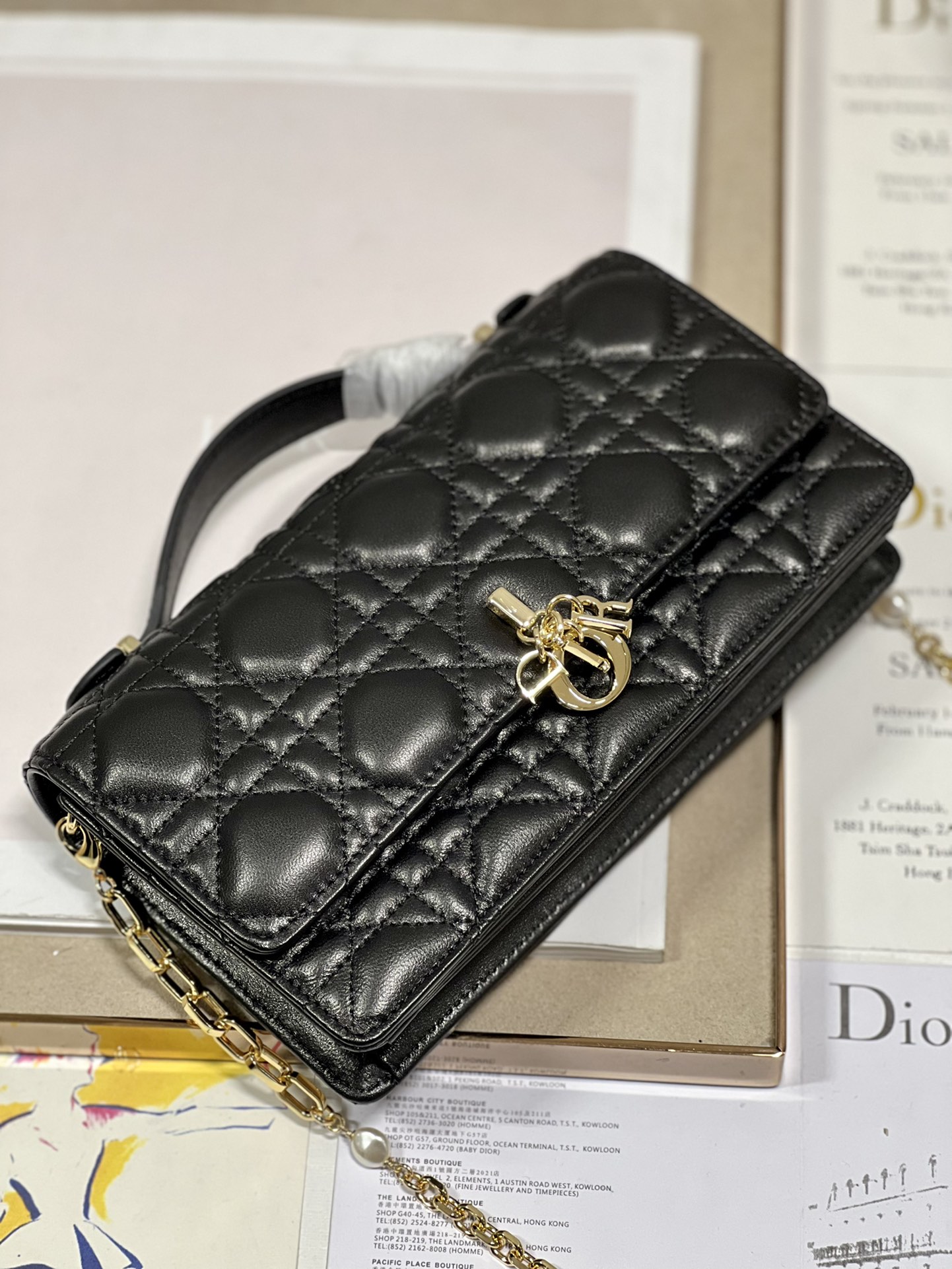 DIOR LADY DIOR PEARL CLUTCH BAG BLACK