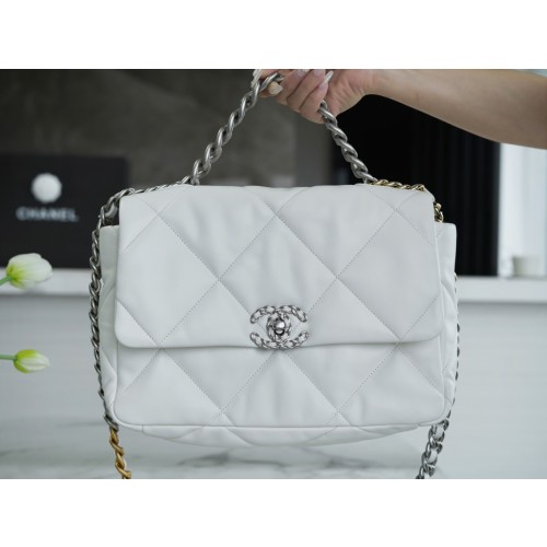 CHANEL 19 BAG ORIGINAL LAMBSKIN SERIES GENUINE LEATHER MEDIUM 22C NEW VERSION SILVER WITH ACCESSORIES WHITE