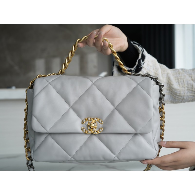 CHANEL 19 BAG ORIGINAL LAMBSKIN SERIES GENUINE LEATHER MEDIUM NEW FALL AND WINTER COLOR LIGHT GRAY