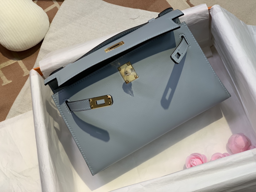 HERMES MINI KELLY SWIFT LINEN BLUE SILVER BUCKLE