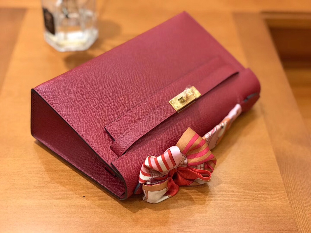 HERMES MINI KELLY EPSOM PALM LEATHER GARNET RED