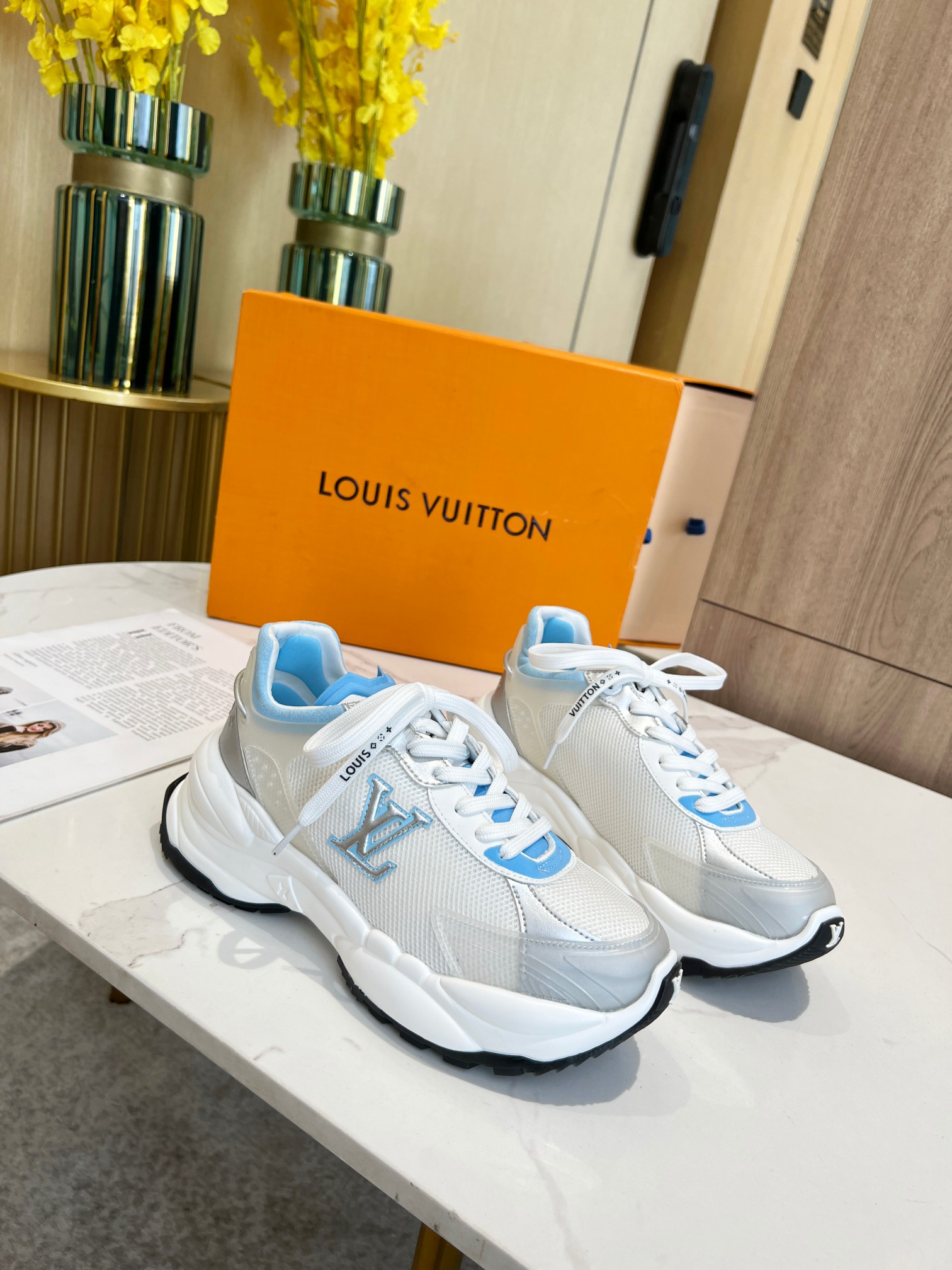 LOUIS VUITTON RUN 55 SNEAKER WITH PATCHWORK MESH FABRIC