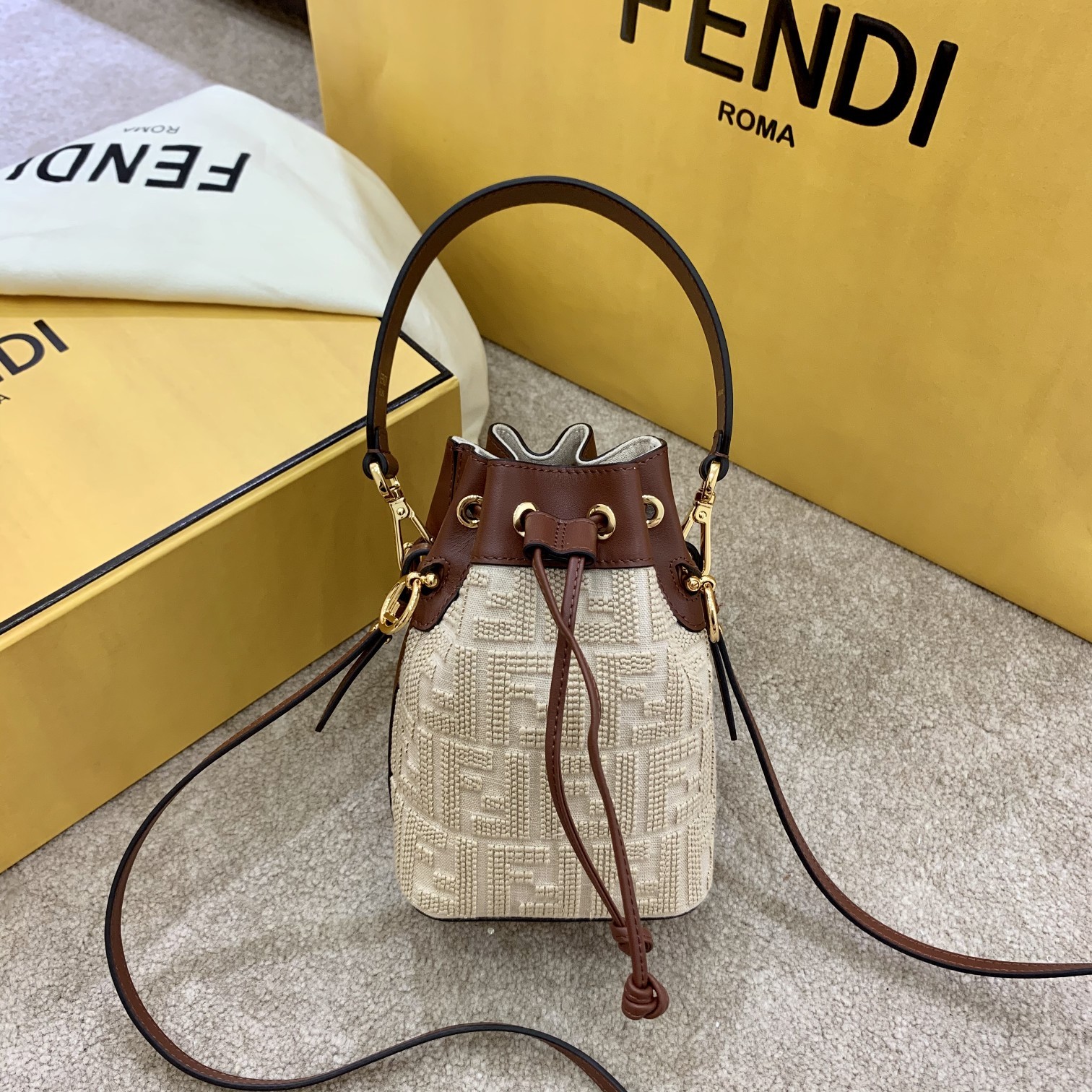 FENDI FABRIC EMBROIDERED BUCKET BAG