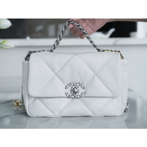 CHANEL 19 BAG ORIGINAL LAMBSKIN SERIES GENUINE LEATHER SMALL WHITE SILVER BUCKLE