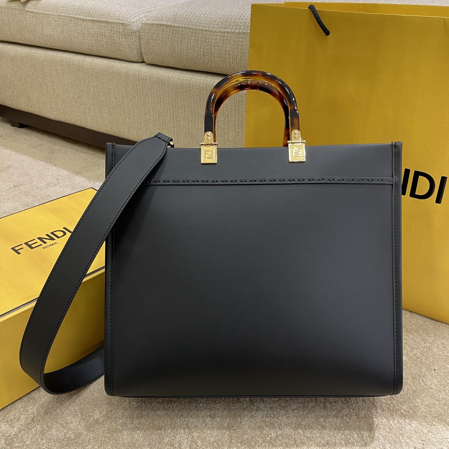 FENDI SMALL BLACK NEW SIZE SHINE TOTE TOTE BAG "SUNSHINE BAG"