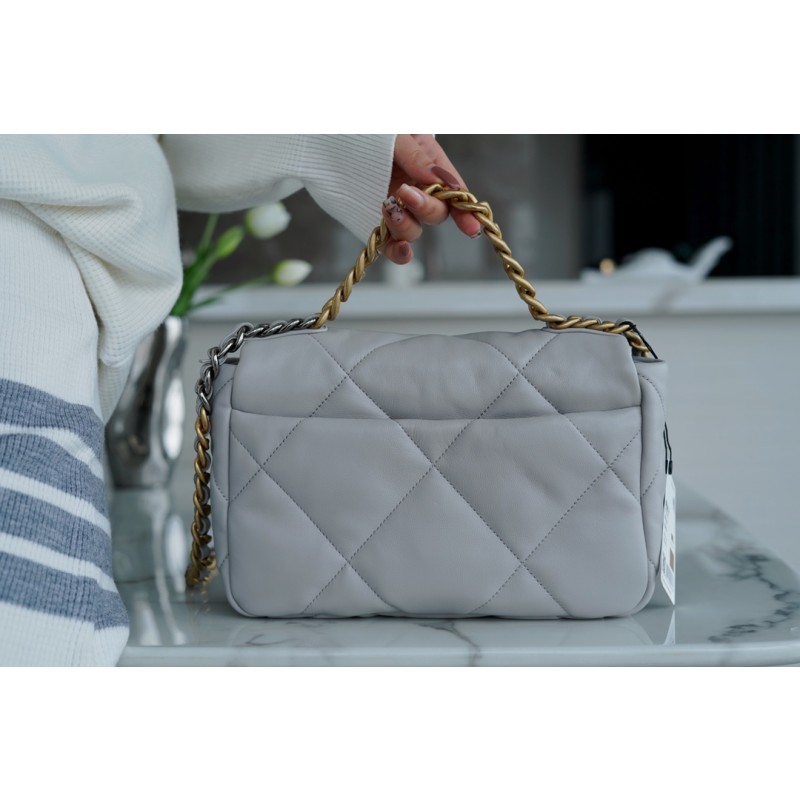 CHANEL 19 BAG ORIGINAL LAMBSKIN SERIES GENUINE LEATHER SMALL LIGHT GREY