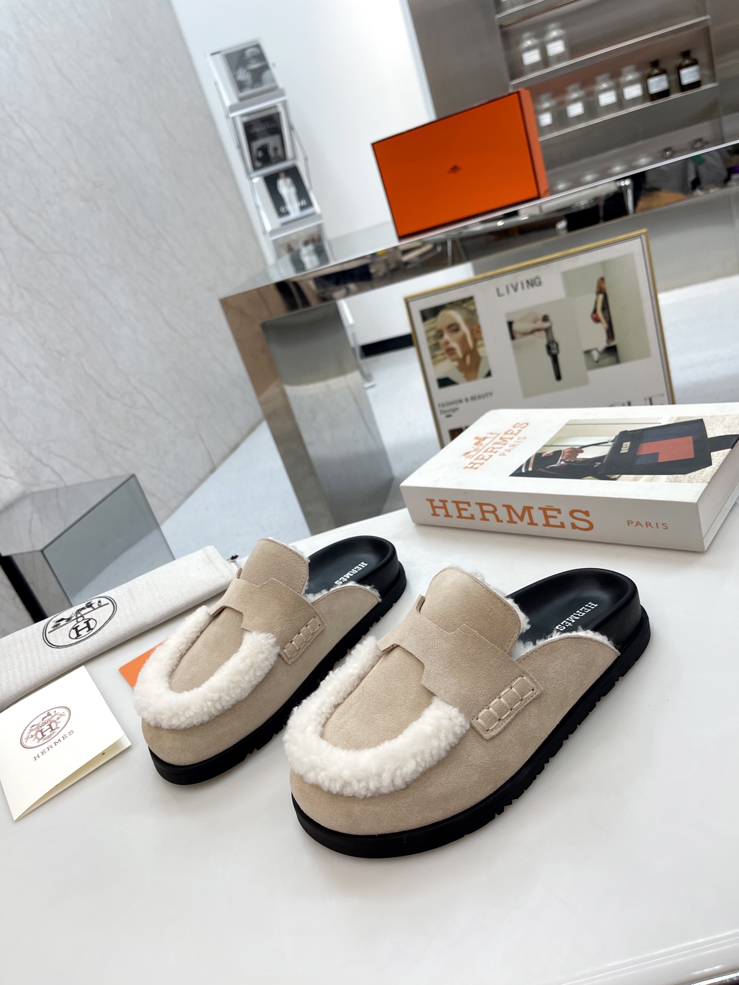 HERMES PLUSH HALF SLIPPERS