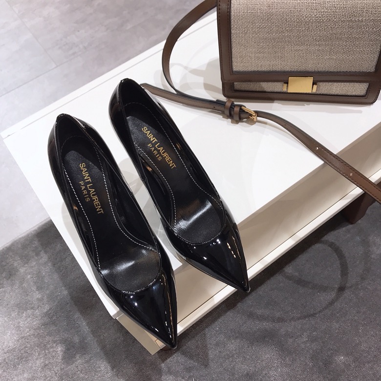 SAINT LAURENT CLASSIC MODEL YSL LOGO HEELED HIGH HEELS USING IMPORTED ITALIAN COW PATENT LEATHER