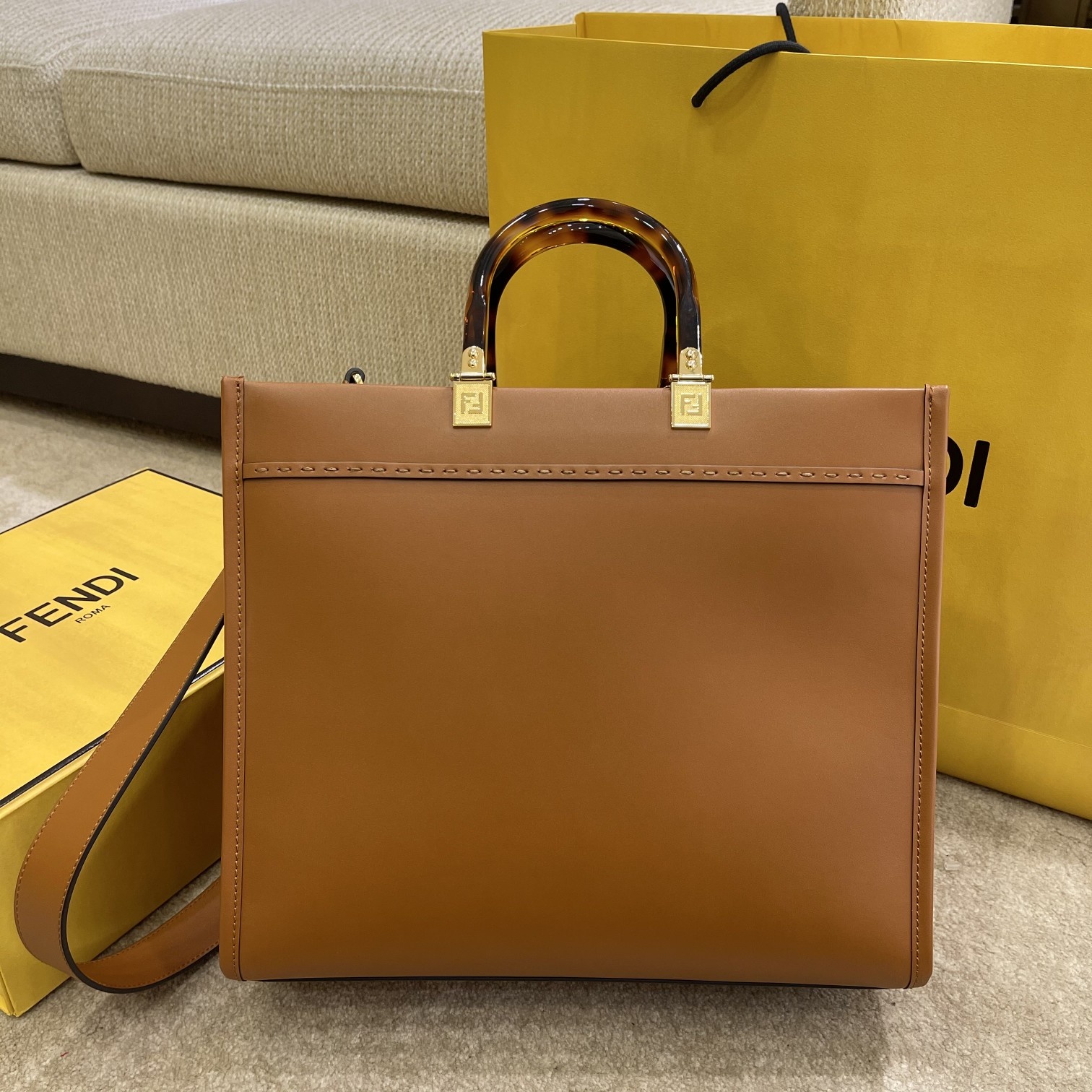 FENDI CARAMEL SMALL NEW SIZE SHINE TOTE BAG "SUNSHINE BAG"