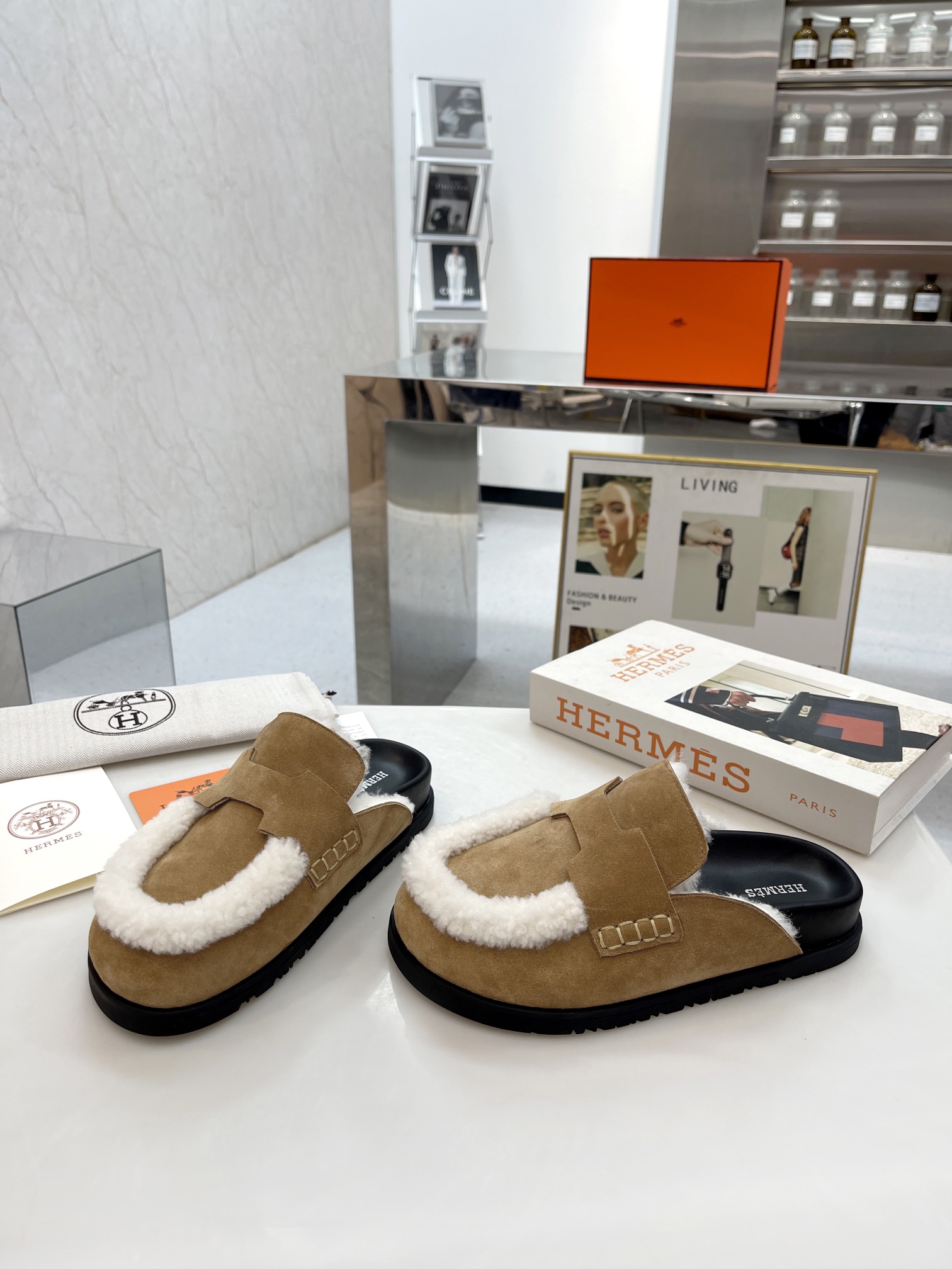 HERMES PLUSH HALF SLIPPERS