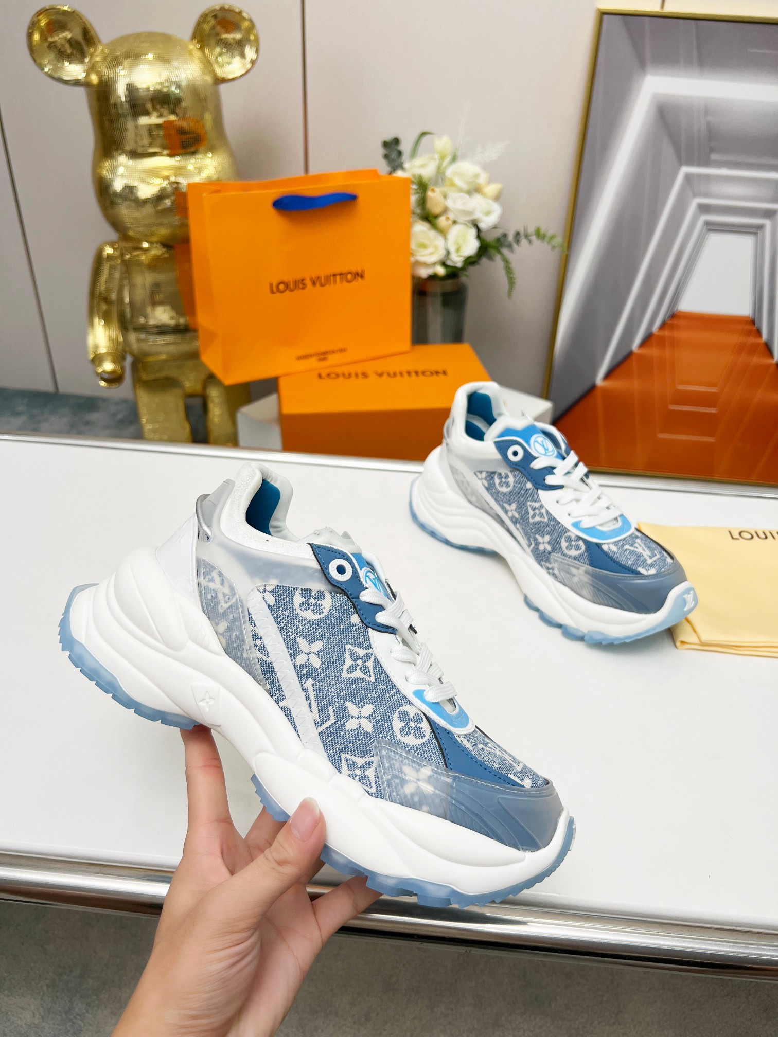 LOUIS VUITTON RUN 55 SNEAKER WITH PATCHWORK MESH FABRIC