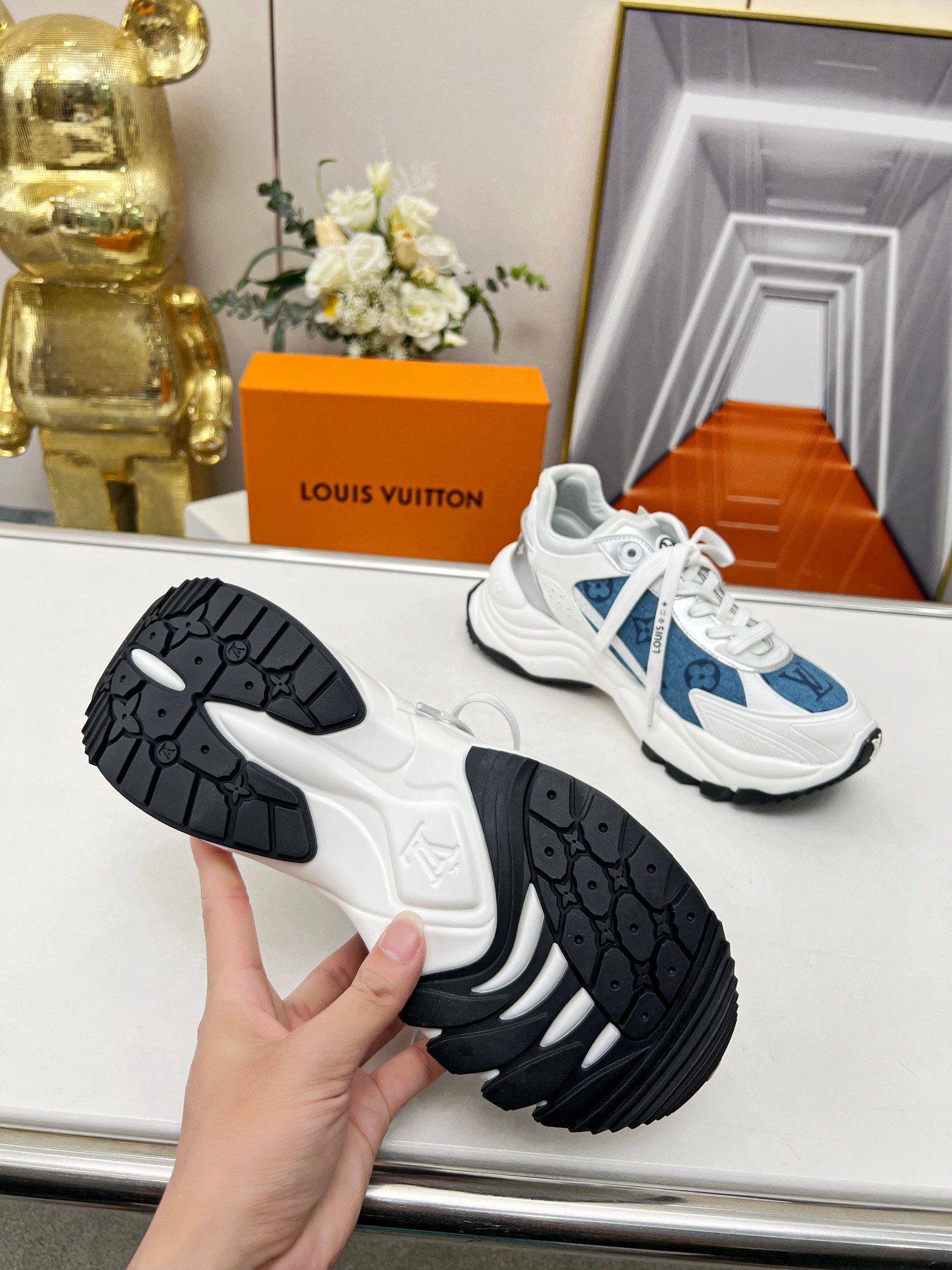 LOUIS VUITTON RUN 55 SNEAKER WITH PATCHWORK MESH FABRIC