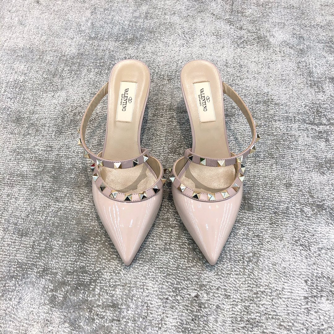 VALENTINO VT COLLECTION ONE STRAP SLANT HEEL SLIPPER 6.5CM PATENT LEATHER NUDE PINK