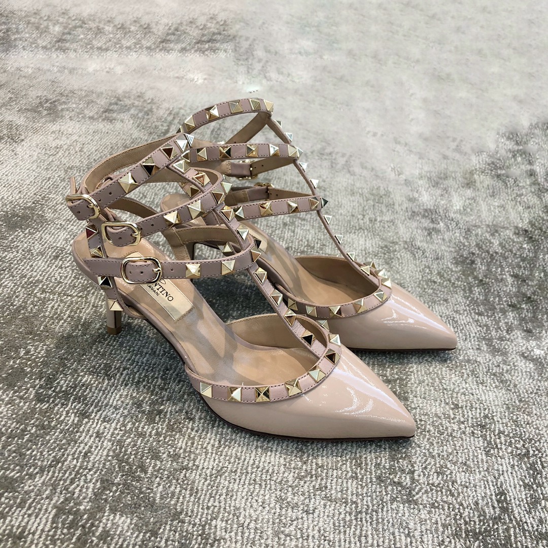 VALENTINO VT COLLECTION TRIPLE STRAP MID HEEL 6.5CM PATENT LEATHER NUDE PINK