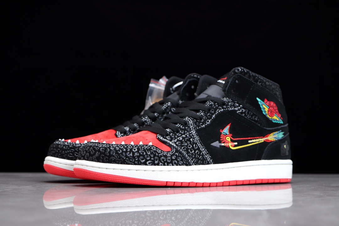 AIR JORDAN 1 MID BLACK RED EMBROIDERED DAY OF THE DEAD