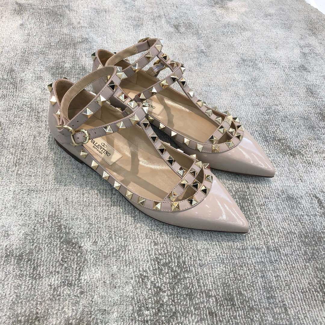 VALENTINO VT COLLECTION TWO STRAP FLATS PATENT LEATHER NUDE PINK