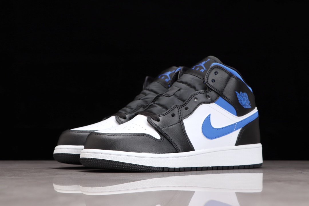 AIR JORDAN 1 MID ZWART WIT GEEL THUIS BLAUW HAAK